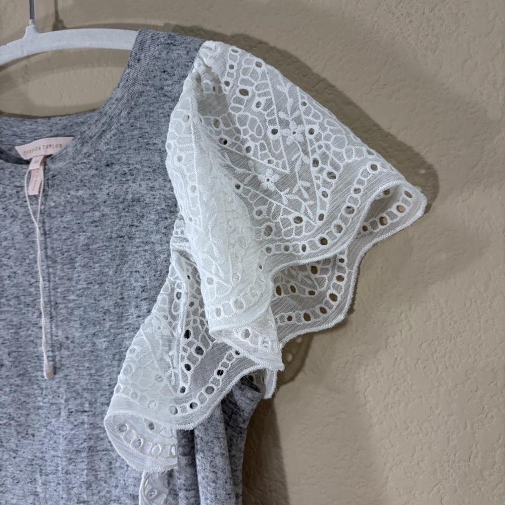NWT Rebecca Taylor Eyelet Sleeve Jersey Dress Gray White Short Ruffle Hem Sz XS - Picture 7 of 13